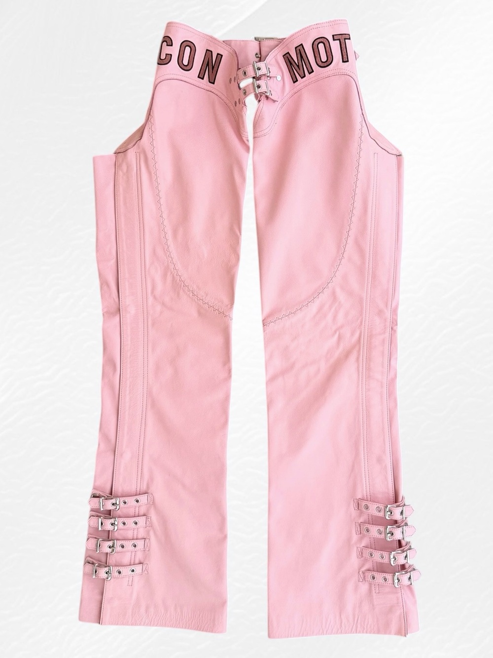 ICON MOTO Bombshell Blush Pink Leather Motorcycle Chaps, Vintage ~ Women’s L